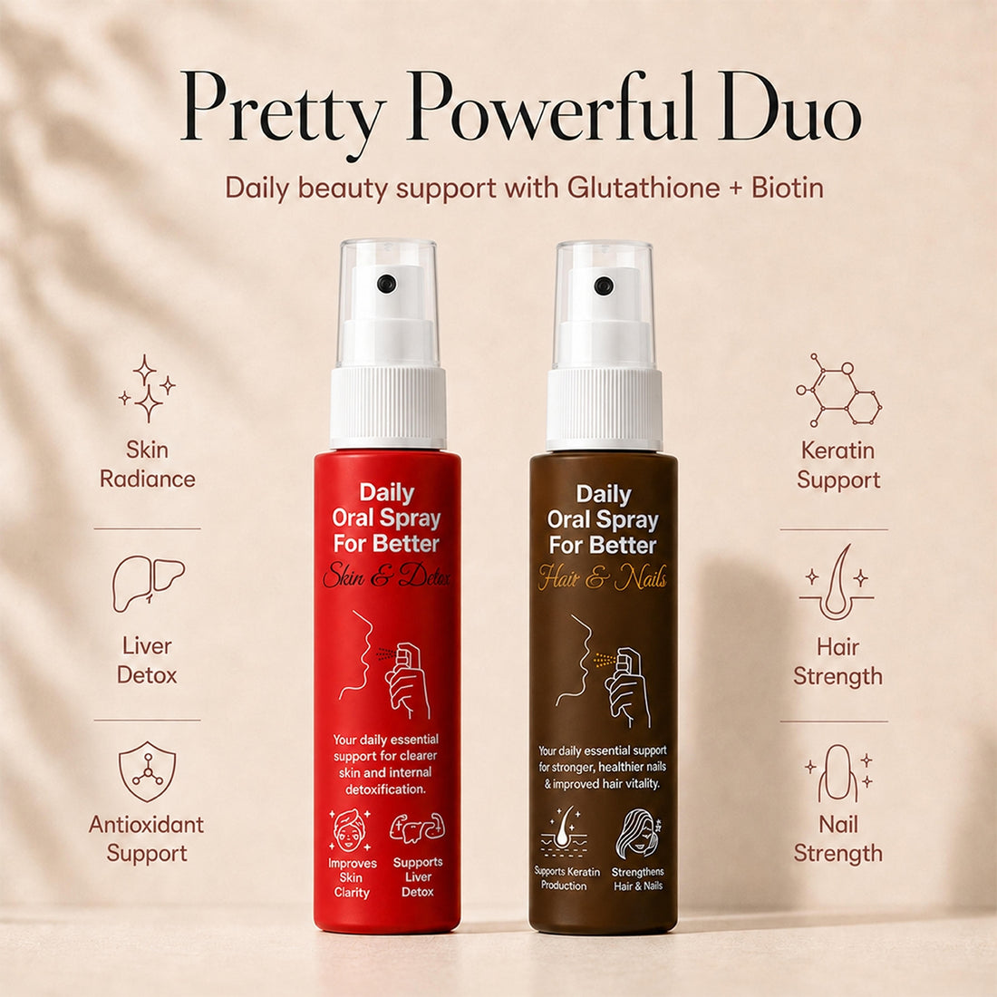 Skin &amp; Hair Health Combo | Glutathione + Biotin | Radiant Skin &amp; Healthy Hair Support | 30ml - 2 Months | Daily Beauty From Within